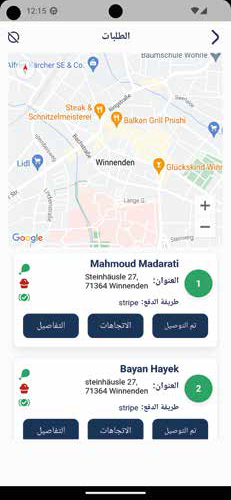 Delivery driver app showing a map with the route and customer stops sorted by distance