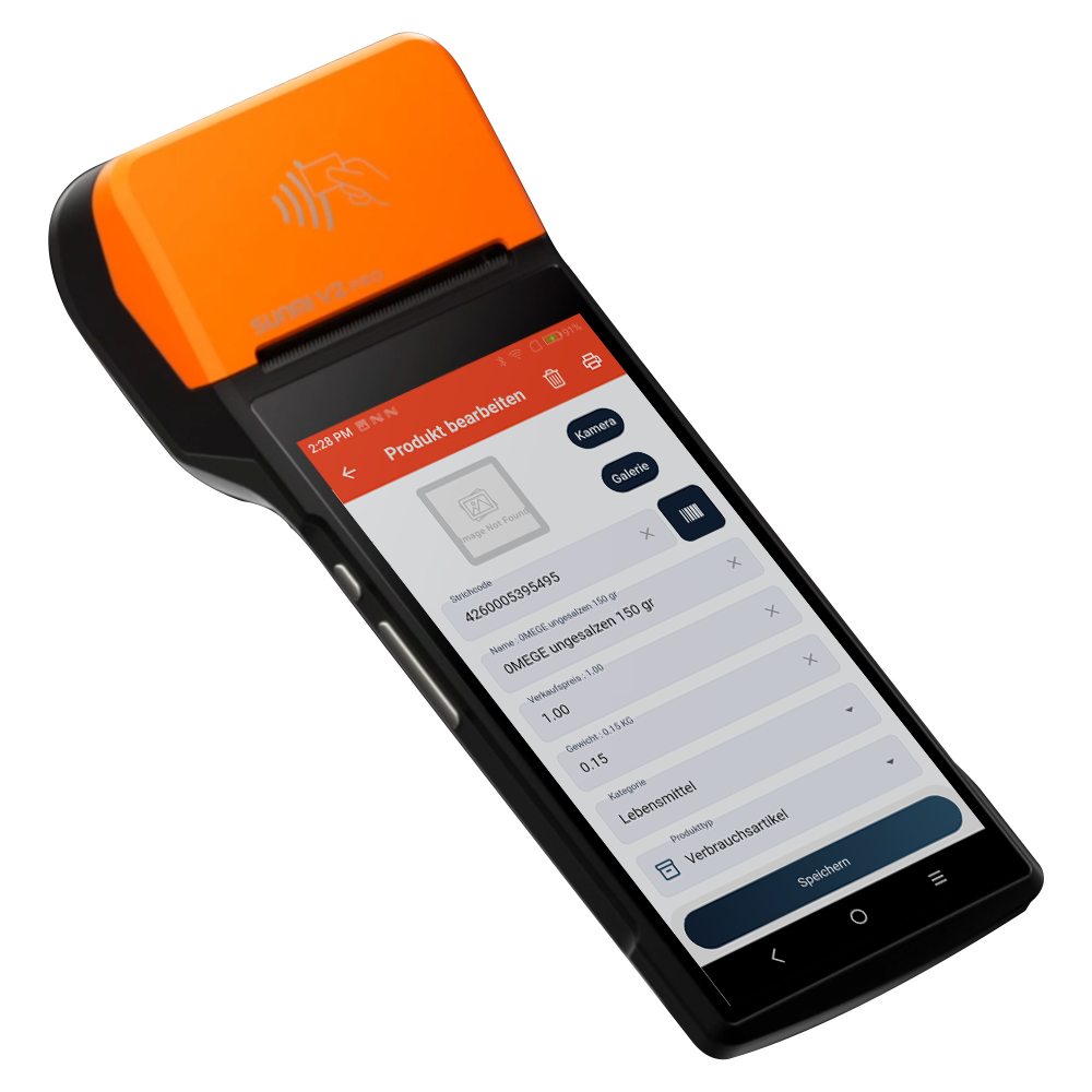 InSoft mobile POS on a Sunmi V2 Pro handheld showing the product edit screen
