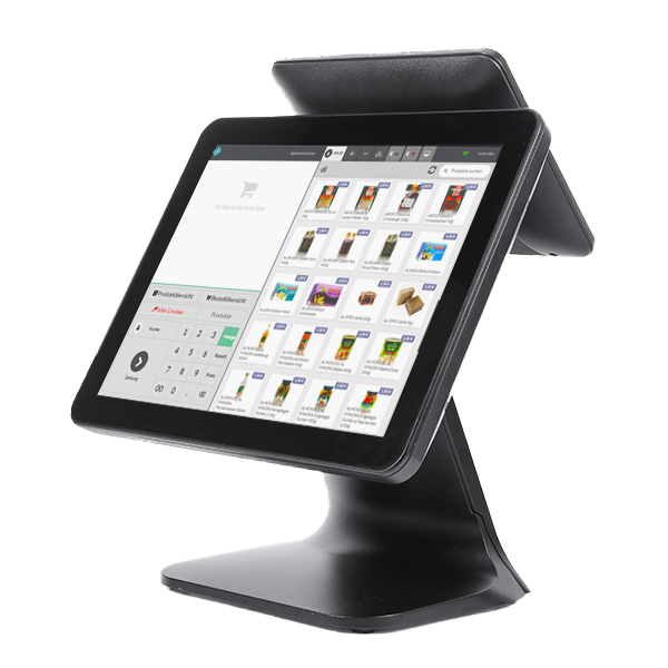 InSoft POS running on a tablet on a stand, number pad and empty cart on the left, product grid with real products on the right
