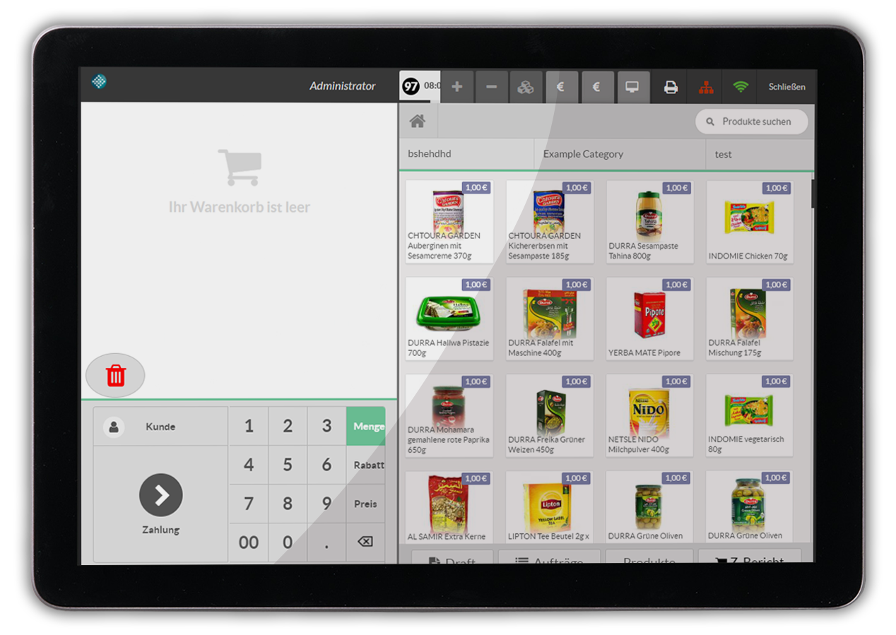 InSoft POS desktop, cart, number pad and product grid