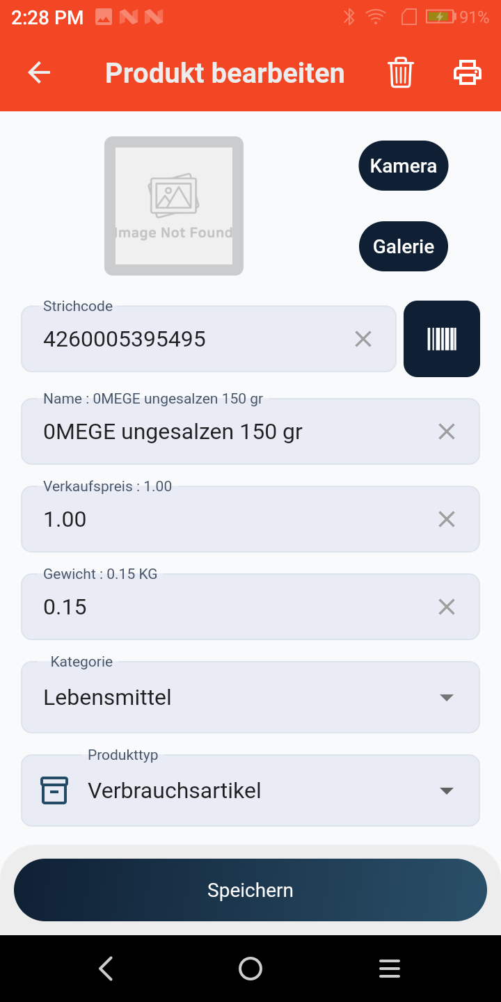 Product Manager Produkt bearbeiten screen, barcode 4260005395495, product name, Verkaufspreis, Gewicht, Kategorie and Produkttyp fields with a Speichern button