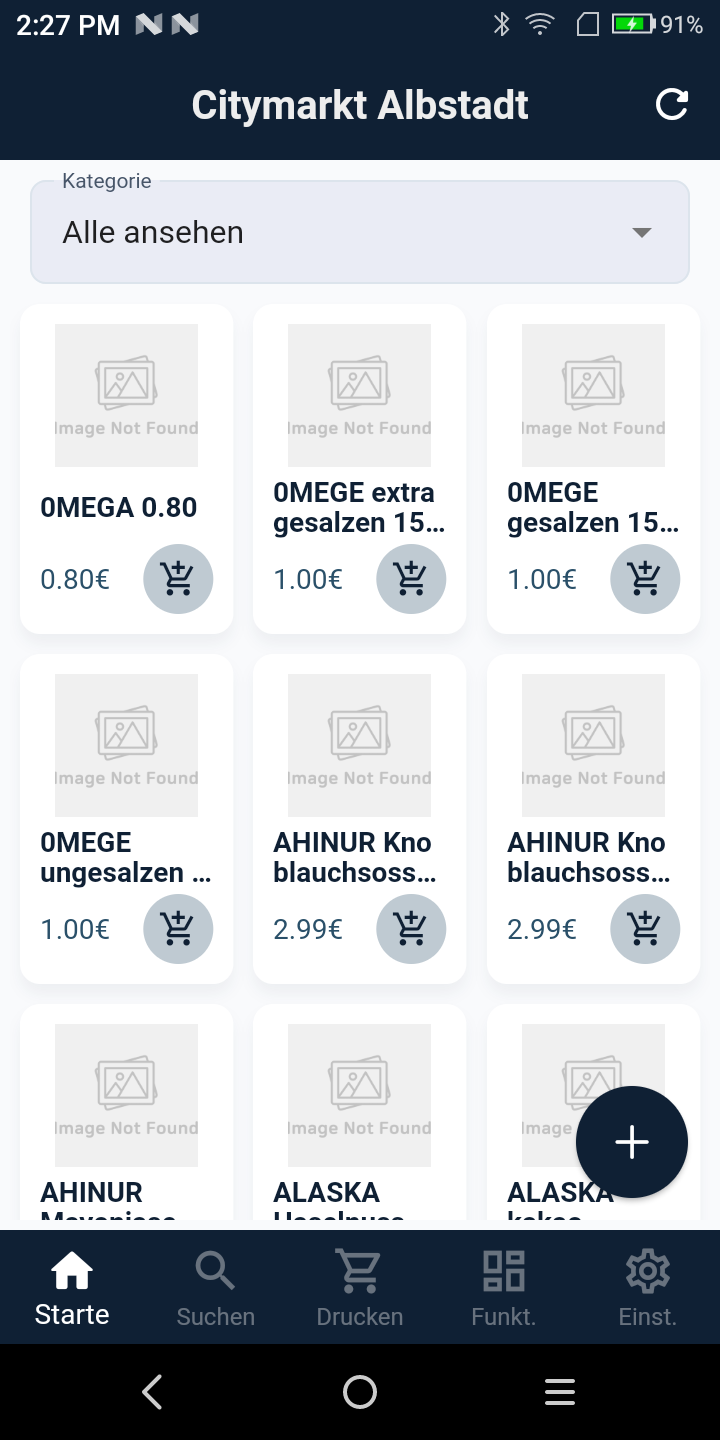Product Manager home, Citymarkt Albstadt catalog with a category filter, product cards showing name and price, add-to-cart buttons and a bottom tab bar