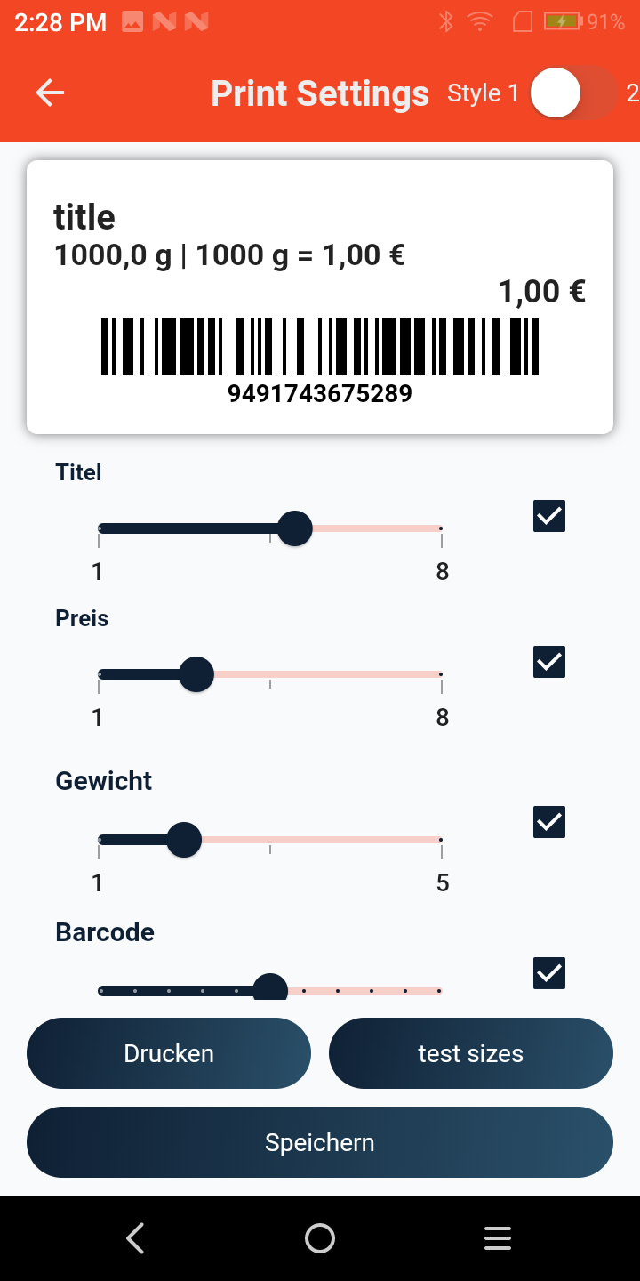 Product Manager Print Settings screen, a live label preview with title, weight-based price and barcode, plus Titel, Preis, Gewicht and Barcode size sliders and Drucken, test sizes and Speichern buttons
