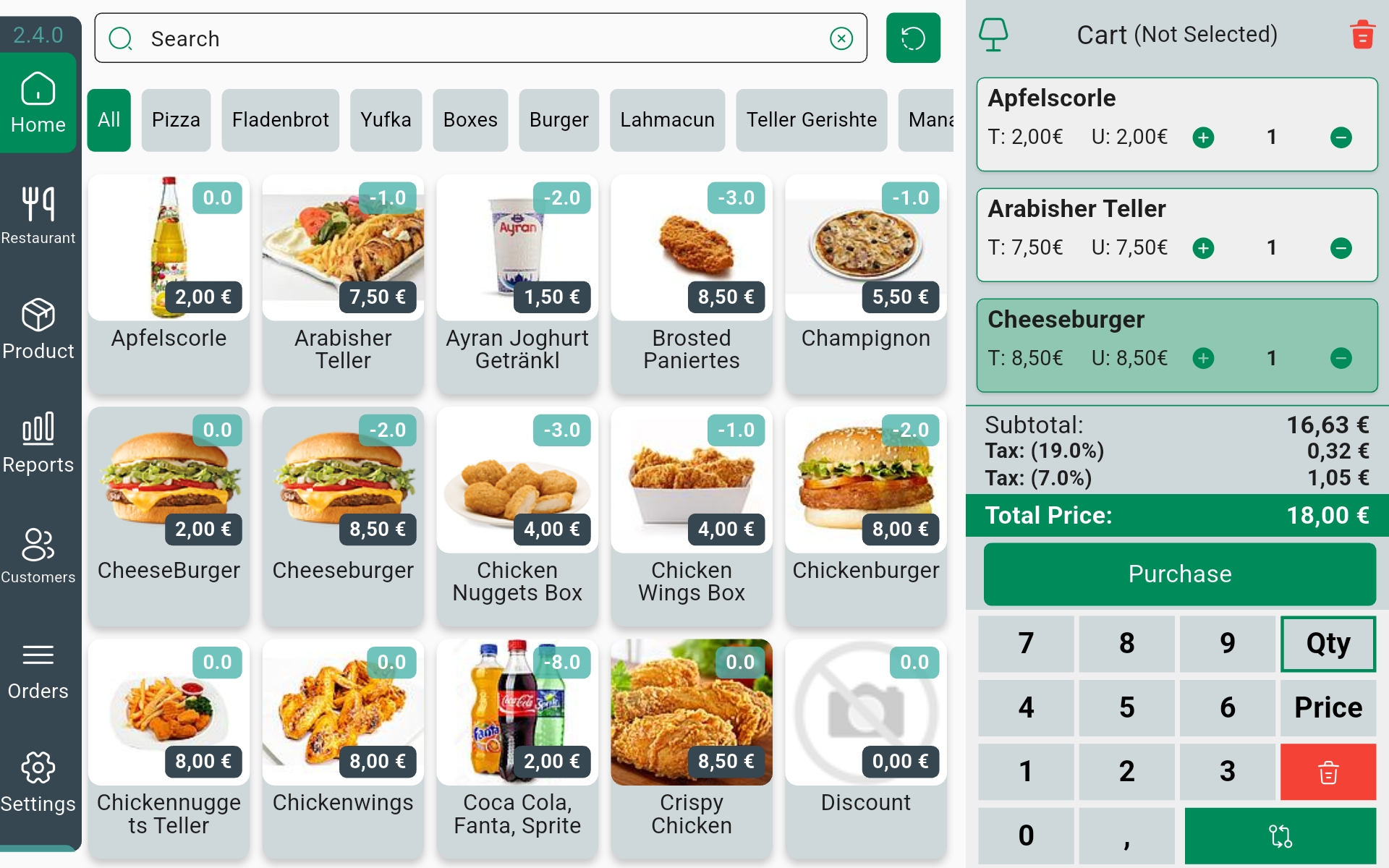 InSoft POS home screen showing the product menu grid on the left and the live cart with subtotal, tax and total on the right