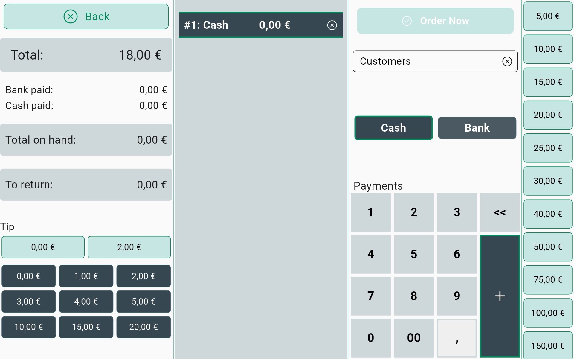 InSoft POS payment screen with total, cash and bank tender, tip buttons, numpad and quick-cash amounts