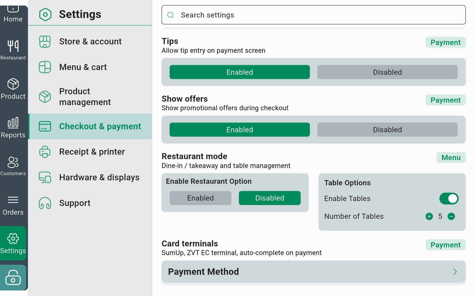 InSoft POS settings, checkout and payment with tips, offers, restaurant mode, table options and card terminals