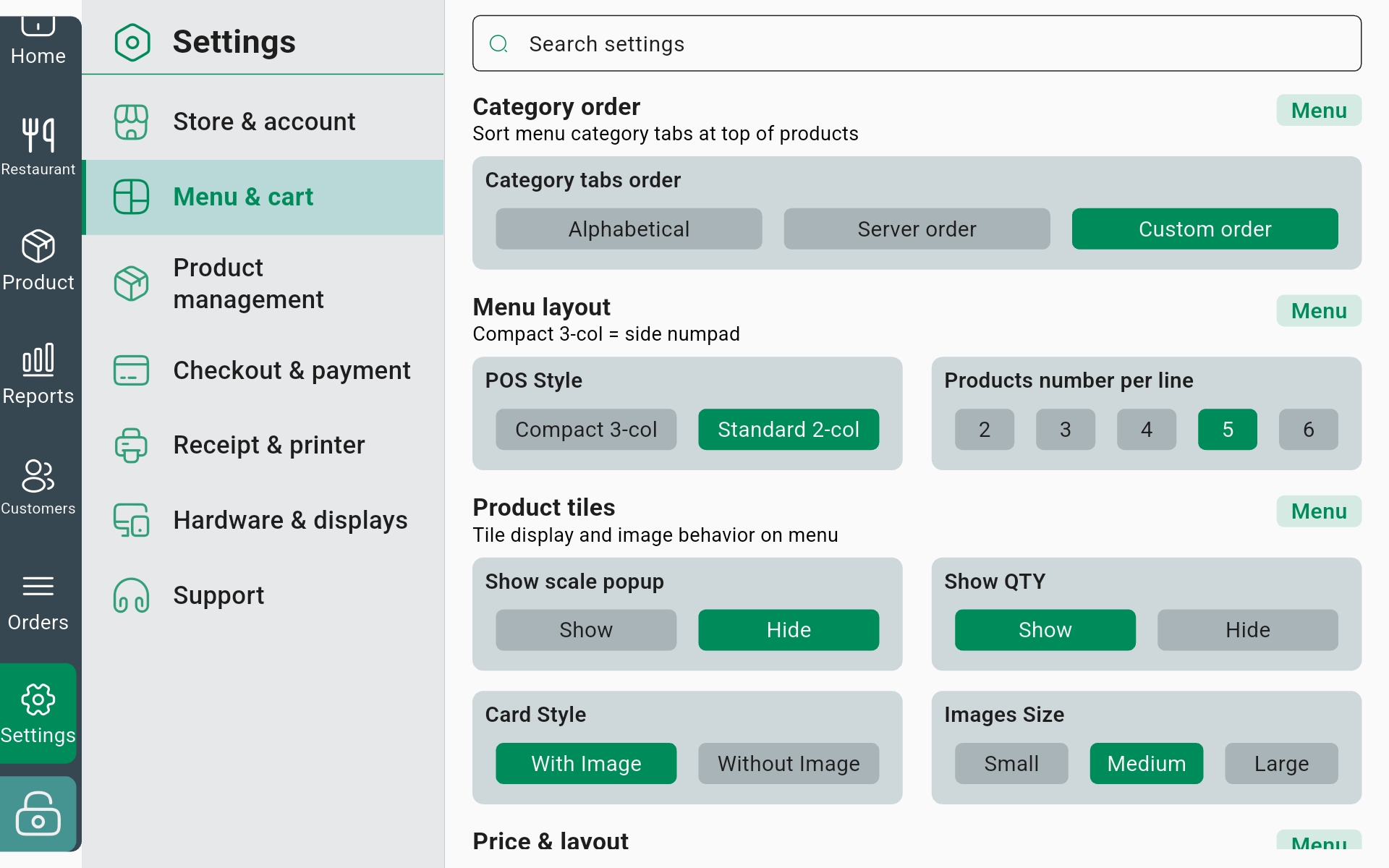 InSoft POS settings, menu and cart with category order, POS style, products per line and product tile options