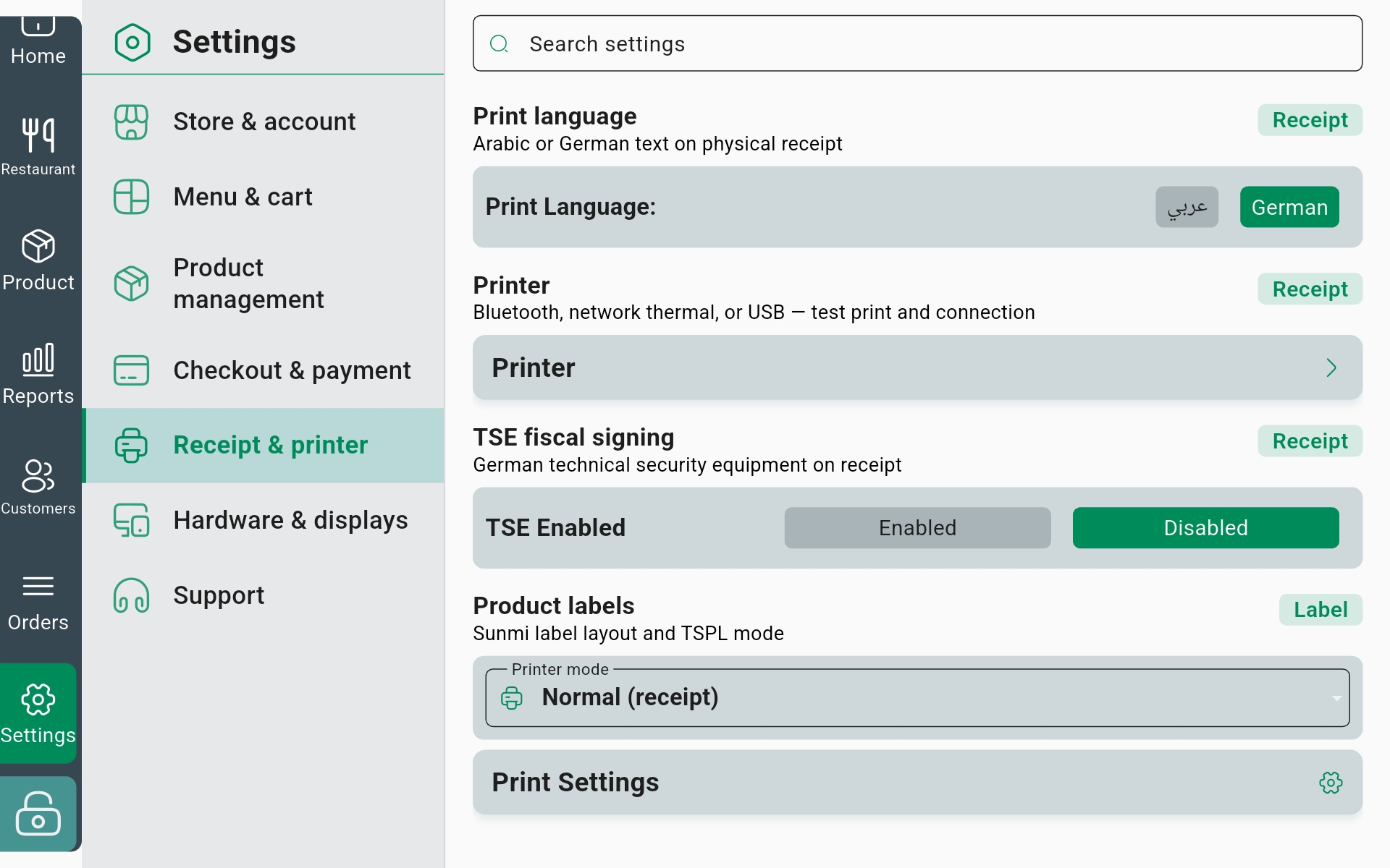 InSoft POS settings, receipt and printer with print language, printer connection, TSE fiscal signing and product label modes