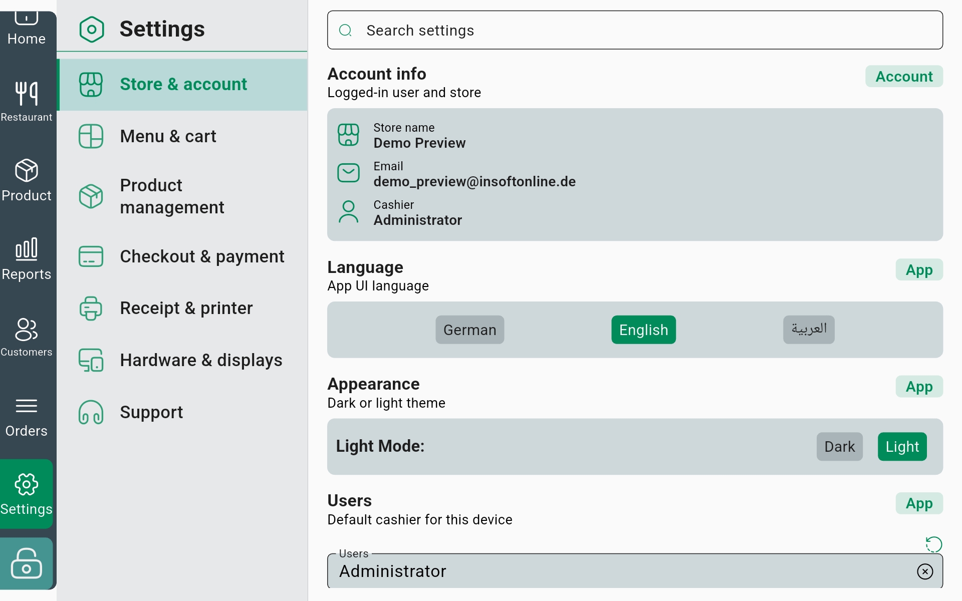 InSoft POS settings, store and account with language (German, English, Arabic), light/dark appearance and default cashier