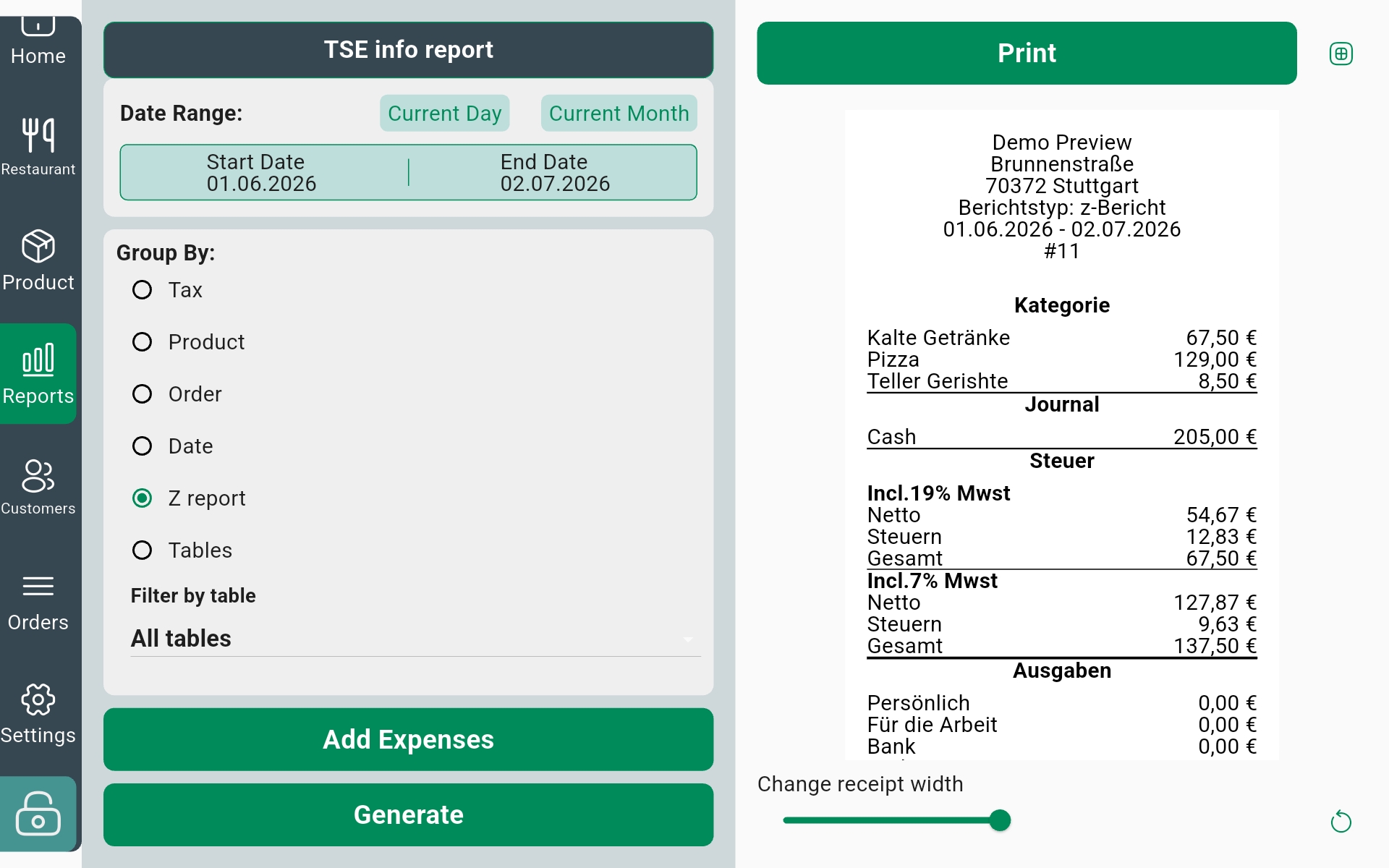 InSoft POS reports screen, TSE info report with date range, Group By options and a live Z-Bericht receipt preview showing category, journal, tax and expense totals
