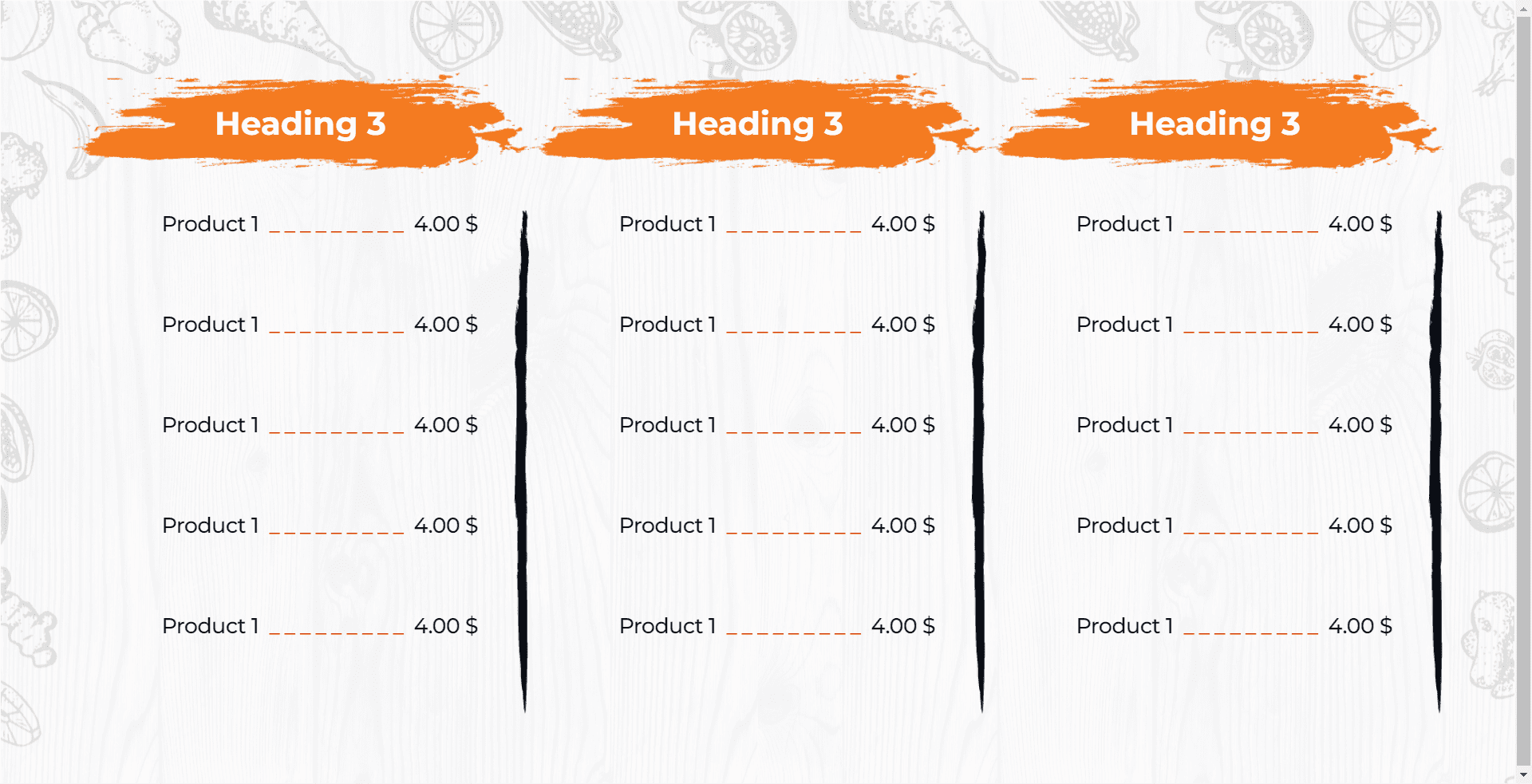 Digital menu board: three light price-list columns with dotted leaders on a wood texture