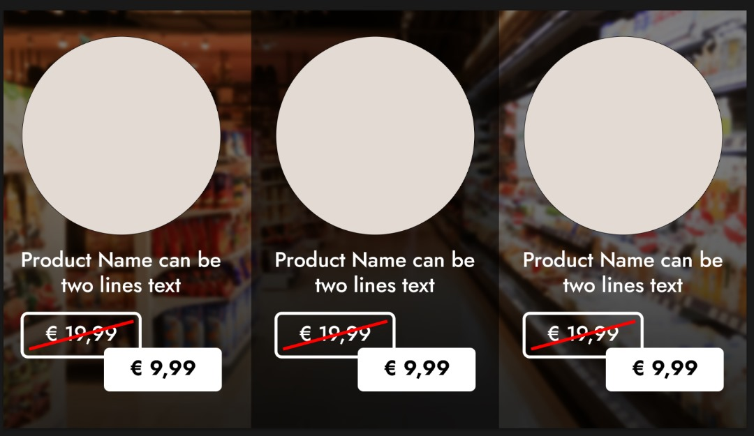 Retail digital shelf screen: three products with a struck-through old price and a highlighted new price