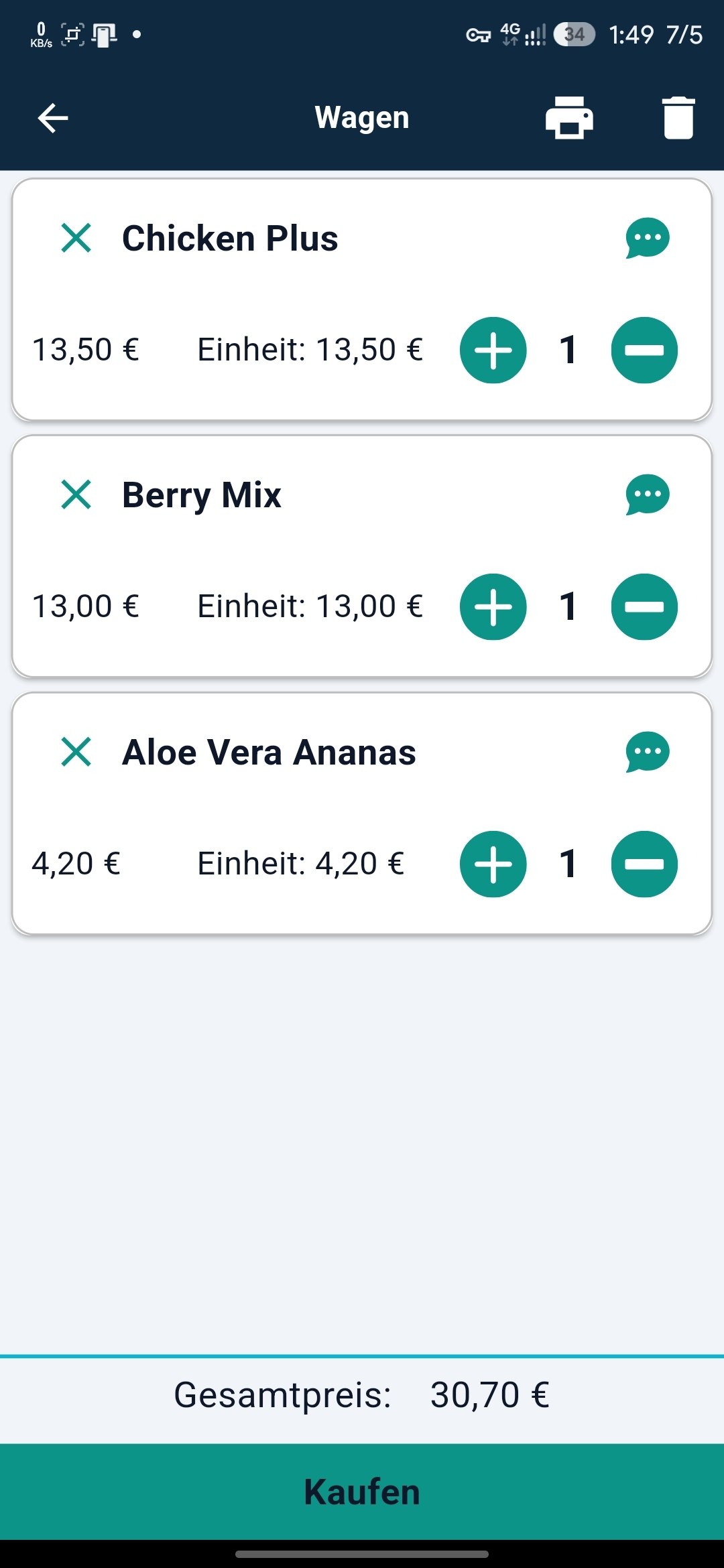 Waiter app Wagen, cart with line items, unit prices, quantity plus/minus controls, per-item note buttons and a Gesamtpreis total with a Kaufen button