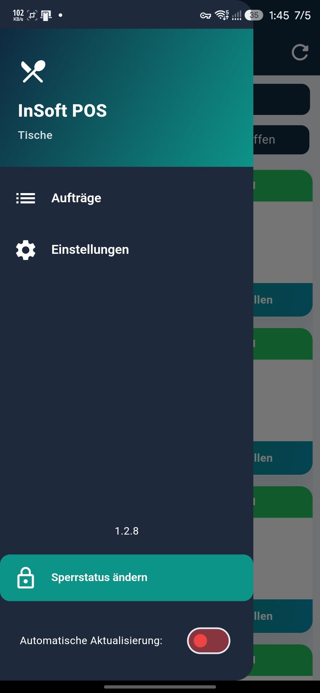 Waiter app navigation drawer, InSoft POS header, Aufträge and Einstellungen links, version 1.2.8, Sperrstatus ändern and an automatic-update toggle