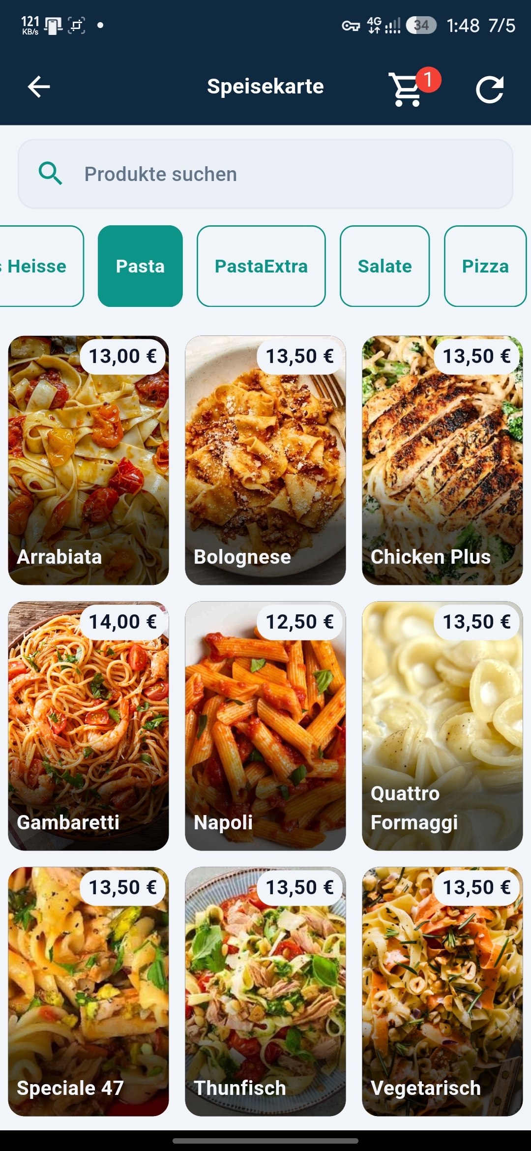 Waiter app Speisekarte, searchable menu with category tabs and product tiles showing photos, names and prices