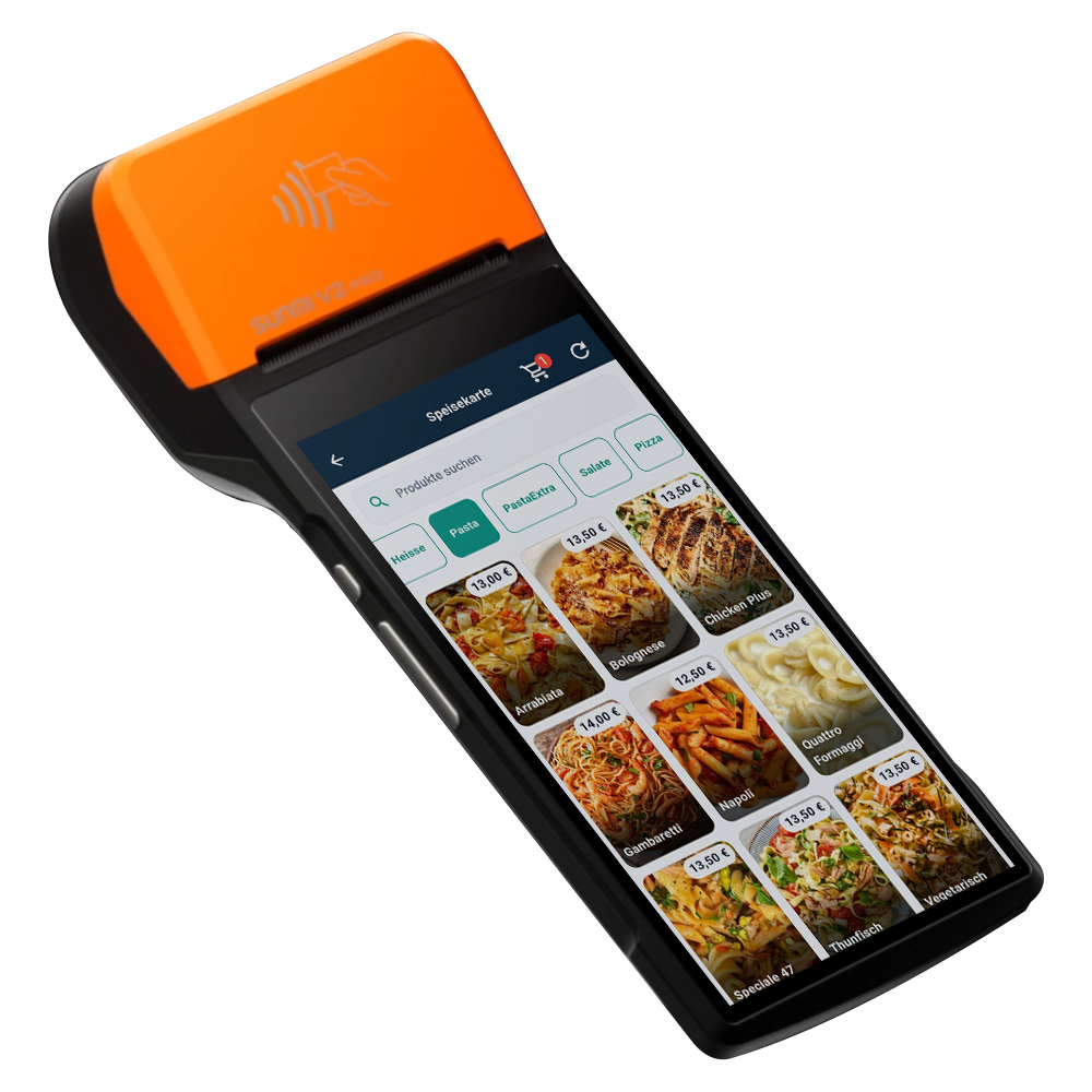 InSoft waiter app on a Sunmi handheld showing the Speisekarte menu with product photos, prices and category tabs