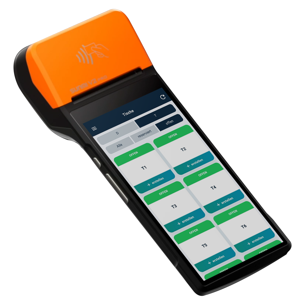 InSoft waiter app on a Sunmi handheld showing the Tische table grid