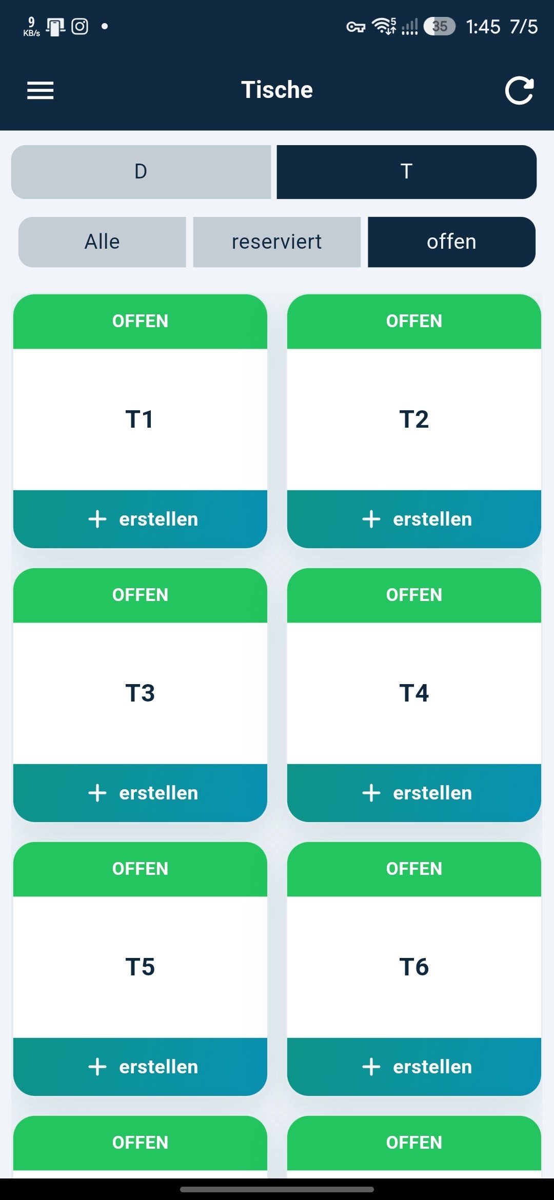 Waiter app Tische screen, a grid of colour-coded tables T1–T6 marked OFFEN, with filters for Alle, reserviert and offen
